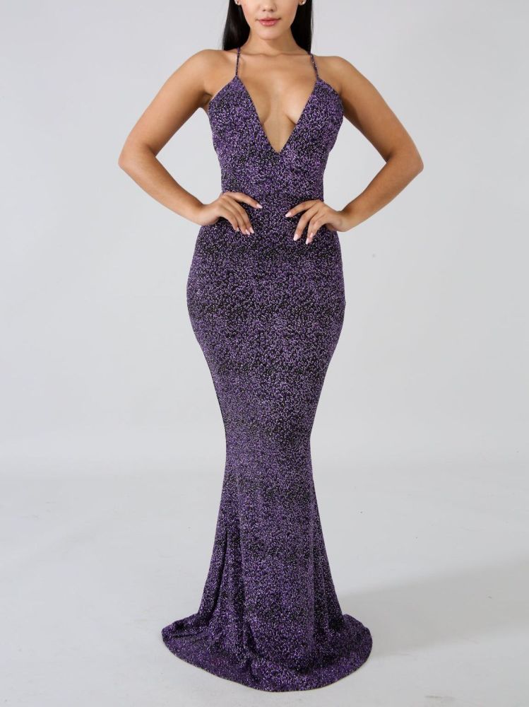 Purple Gala Status Shimmer Maxi Dress #A712 Size: S