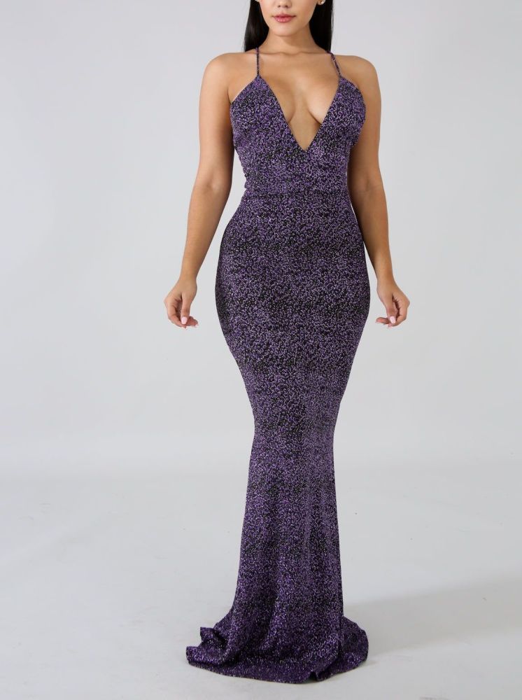 Purple Gala Status Shimmer Maxi Dress #A712 Size: S