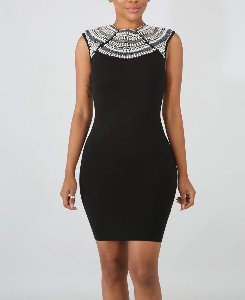 Pearl Rhinestone Black Body-Con Dress #B855 Size: ML