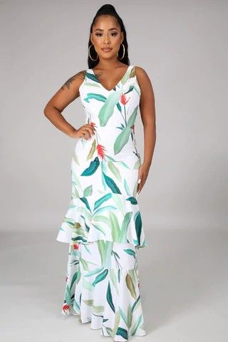 White Tropic Leaf Printed  Dress #B857 Size: L