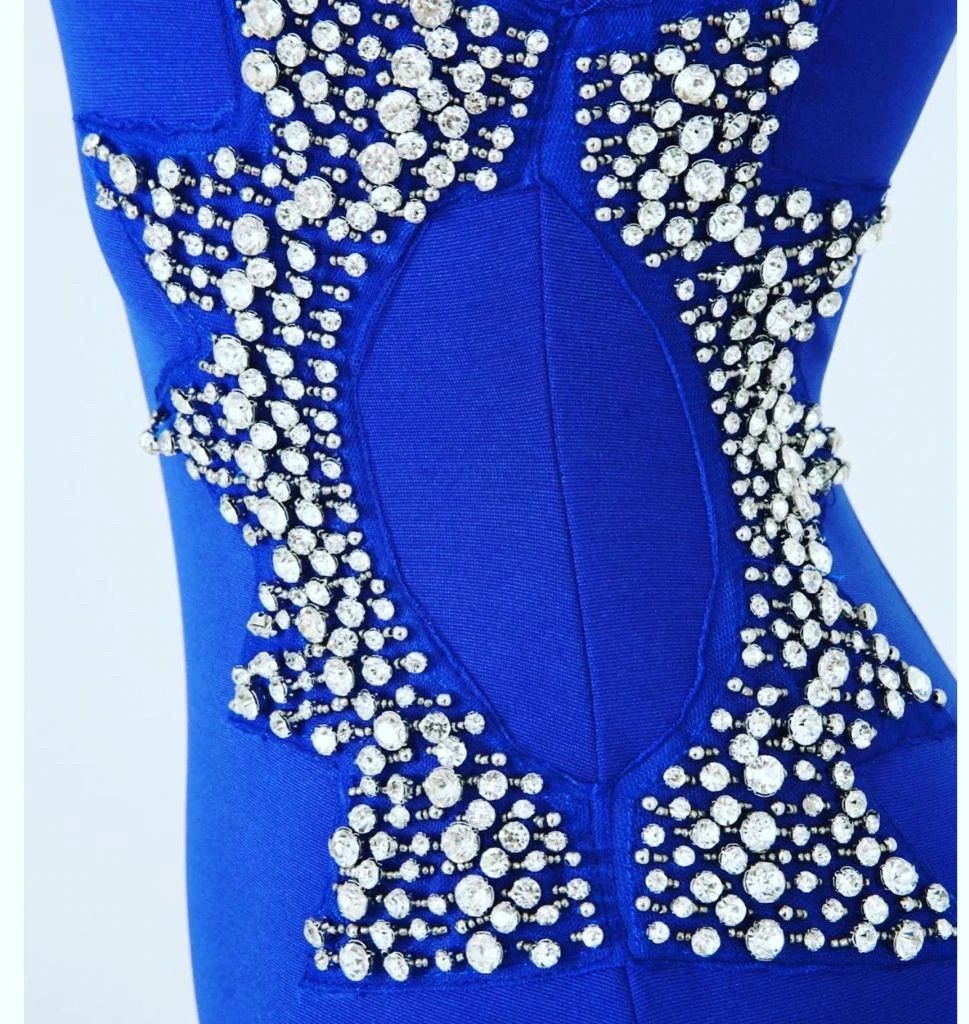 Royal Blue Long Sleeve High Neck Rhinestone Detail Mini Dress #A96 Size: S