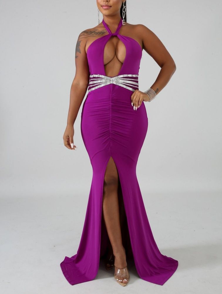 Purple Embellishing Long Dress #B994 Size: ML