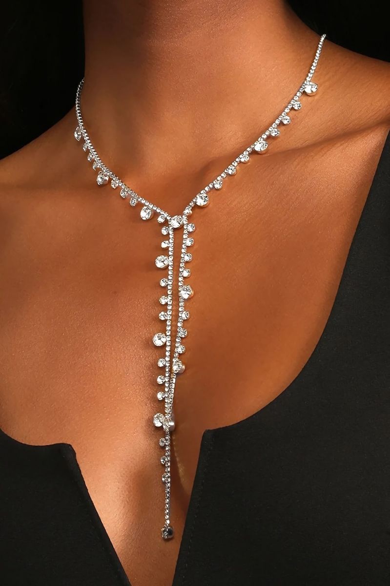Silver Rhinestone Long Tassel Necklace