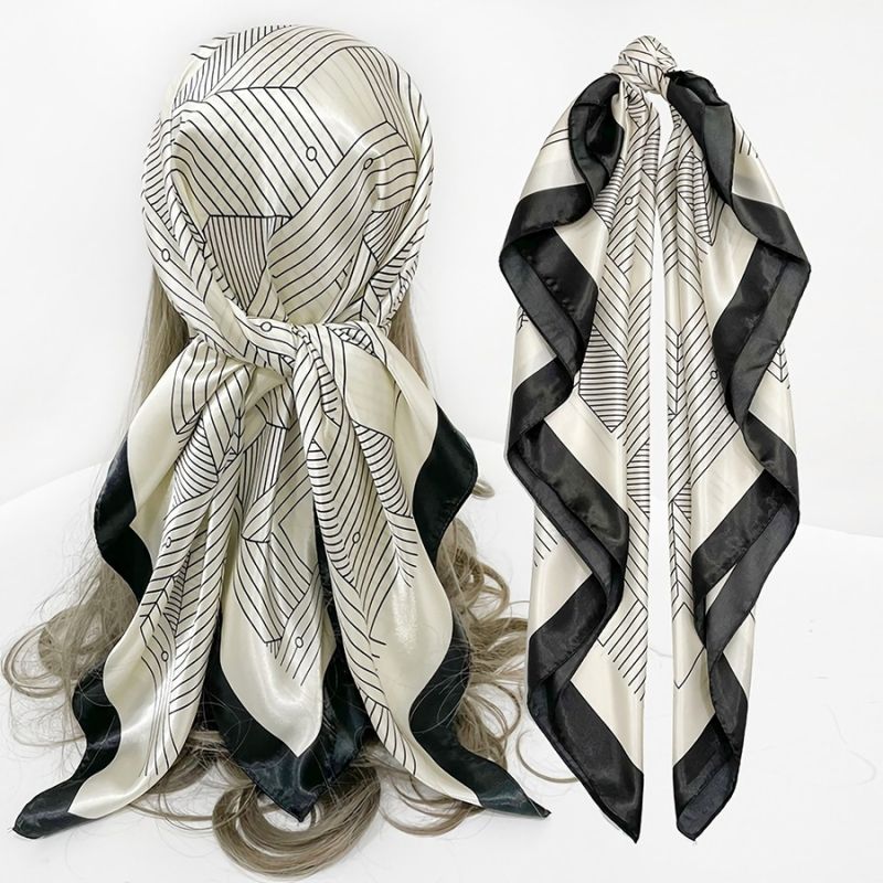 Beige Satin Large Printed Scarf Headwrap Size: 90/90cm
