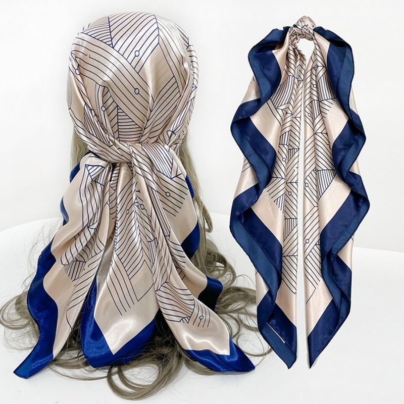 Blue Satin Geometry Patch Printed Scarf Size: 90/90cm
