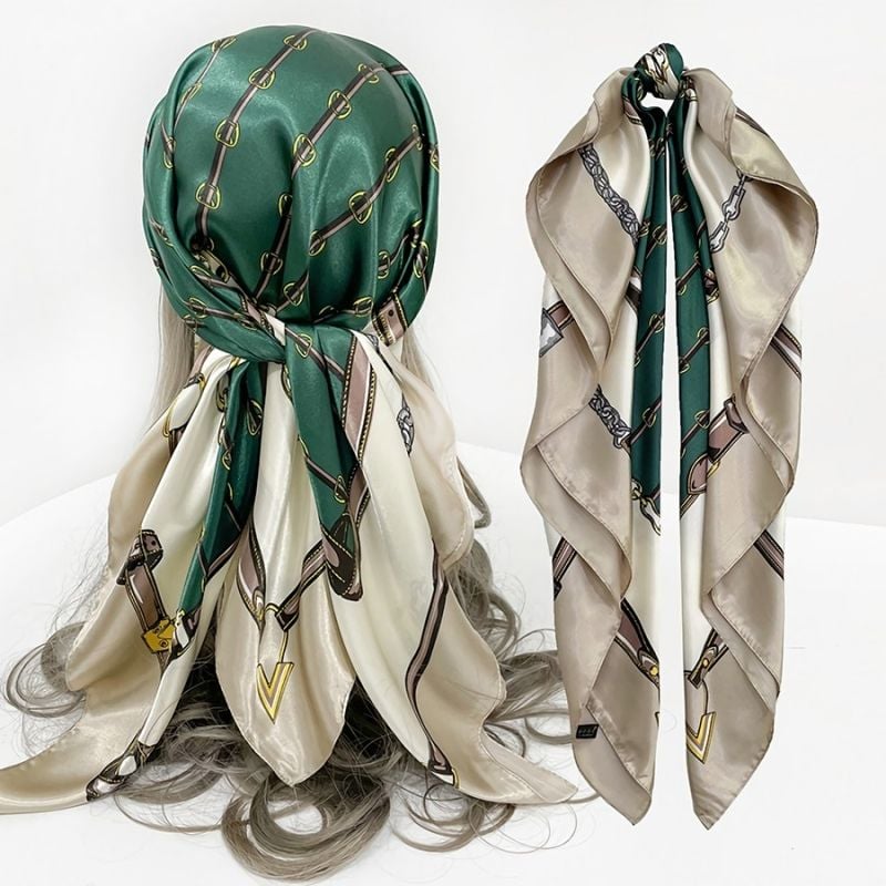 Green Satin Streak Geometry Patch Printed Scarf 90/90cm 