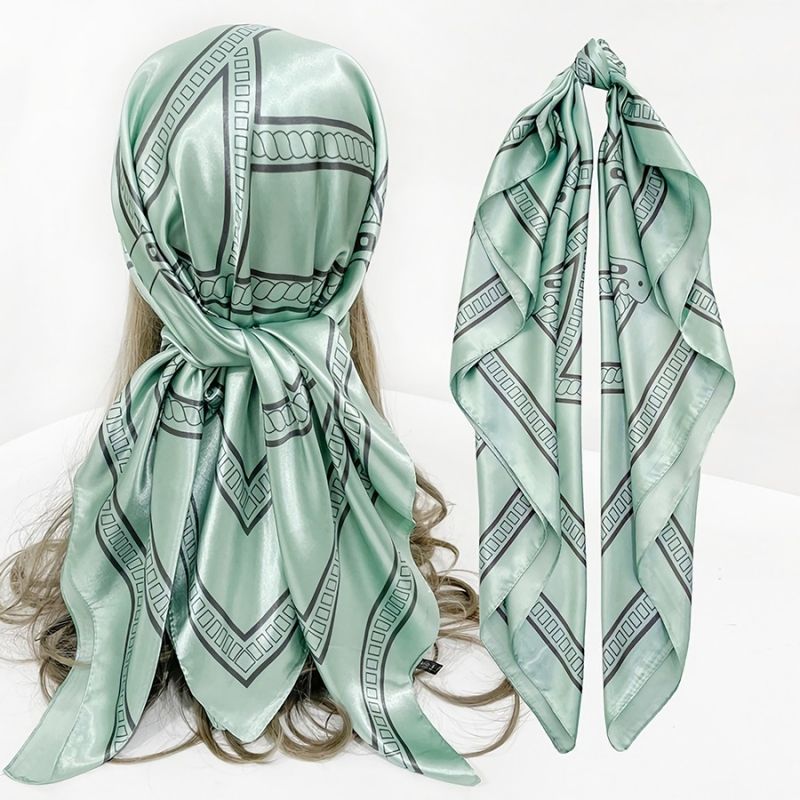 Light Green Satin Large Printed Head Scarf Size: 90/90cm