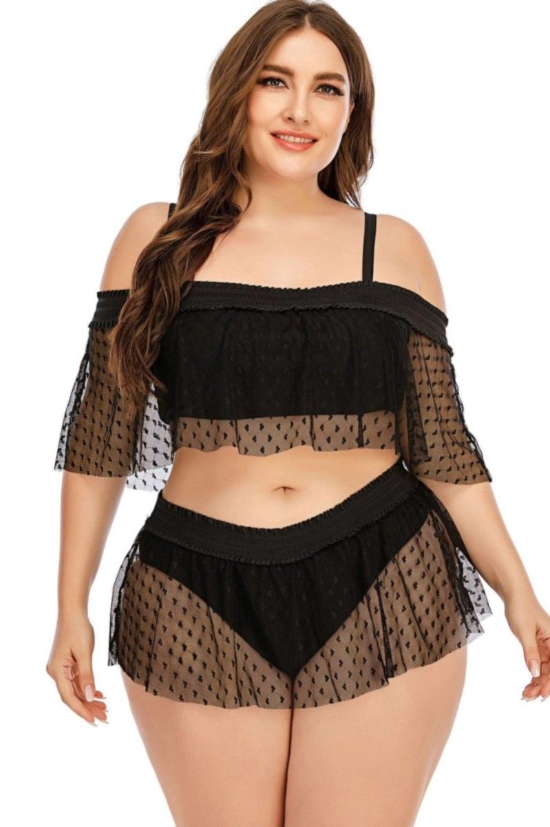 Black Mesh Padded Two-Piece Swimsuit Size: 2XL
