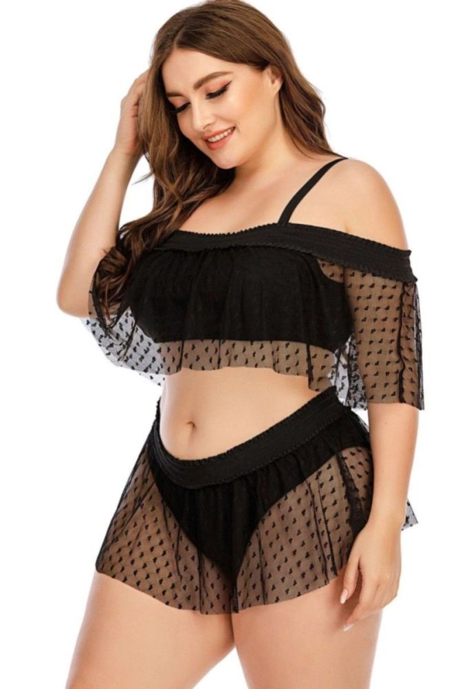 Black Mesh Padded Two-Piece Swimsuit Size: 3XL