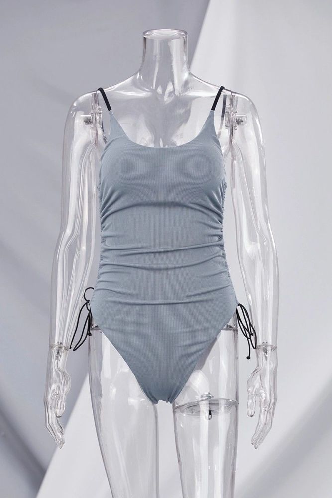 Gray Ribbed Drawstring One-Piece Swimsuit Size: S