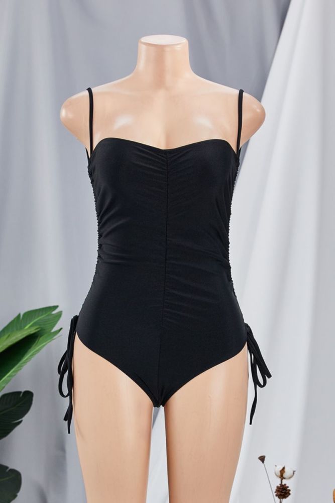 Black Drawstring Pleated One-Piece Bikini Size: L
