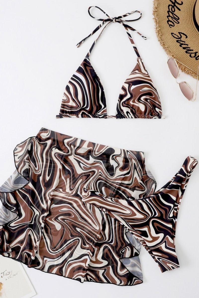 Stripe Print Halter-Neck Ruffle Three-Piece Swimsuit Size: 1XL