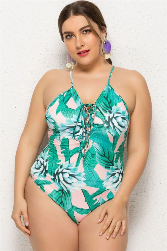 Floral Printed Lace-Up Stretch One-Piece Swimsuit Size: 4XL