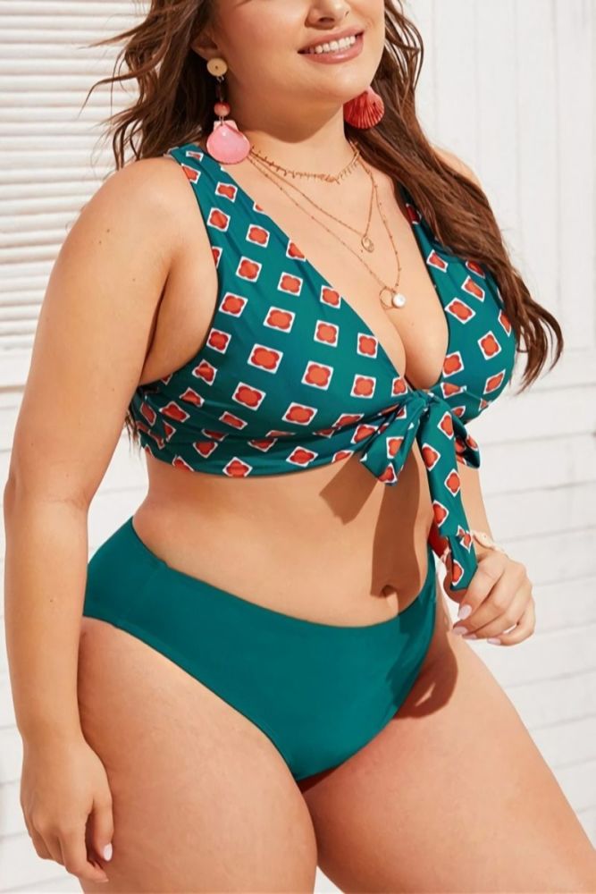 Printed Top V-Neck Lace-Up Two-Piece Swimsuit Size: 2XL