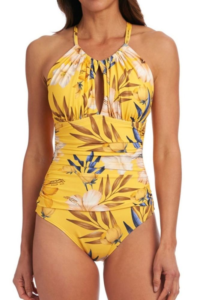  Yellow Flower Leaf Printed Self-Tie One-Piece Swimwear Size: 2XL