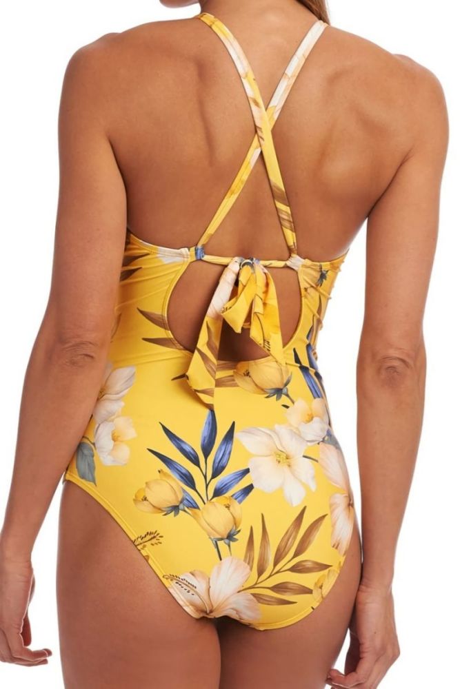  Yellow Flower Leaf Printed Self-Tie One-Piece Swimwear Size: 2XL