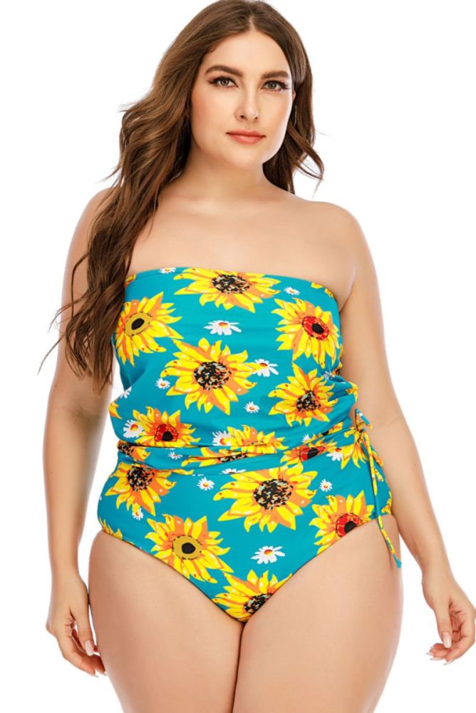 Oversize Sunflowers Print Tube Top Drawstring Two-Piece Swimsuit Size: 1XL