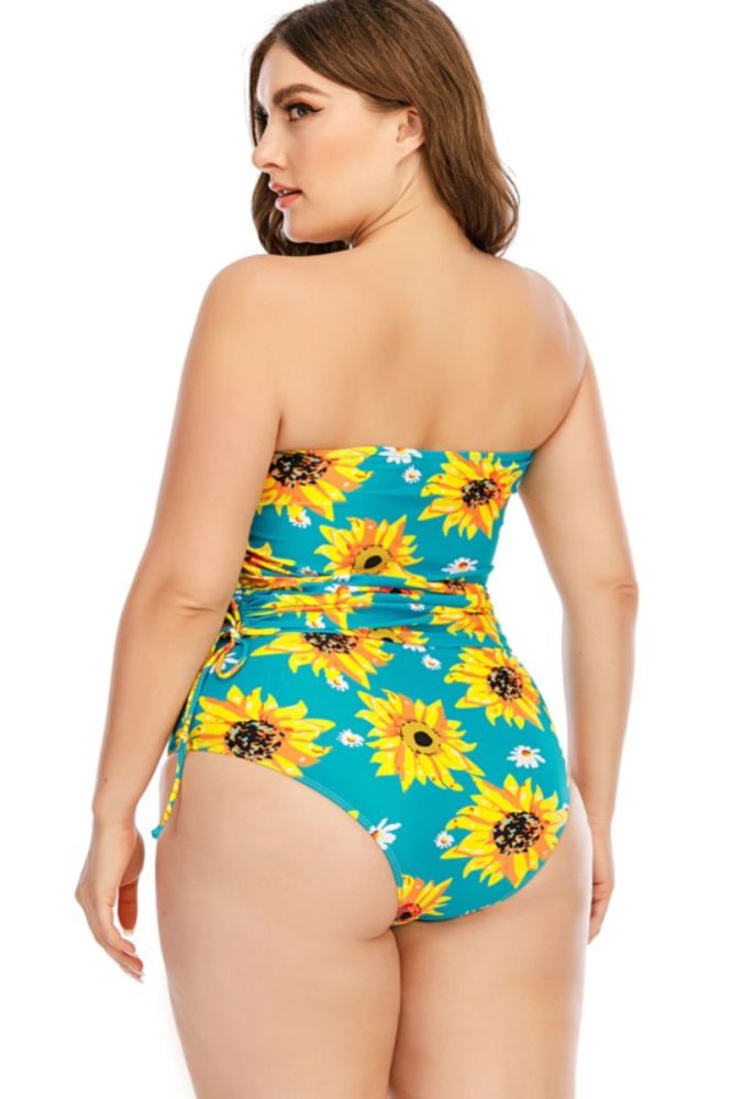 Oversize Sunflowers Print Tube Top Drawstring Two-Piece Swimsuit Size: 1XL