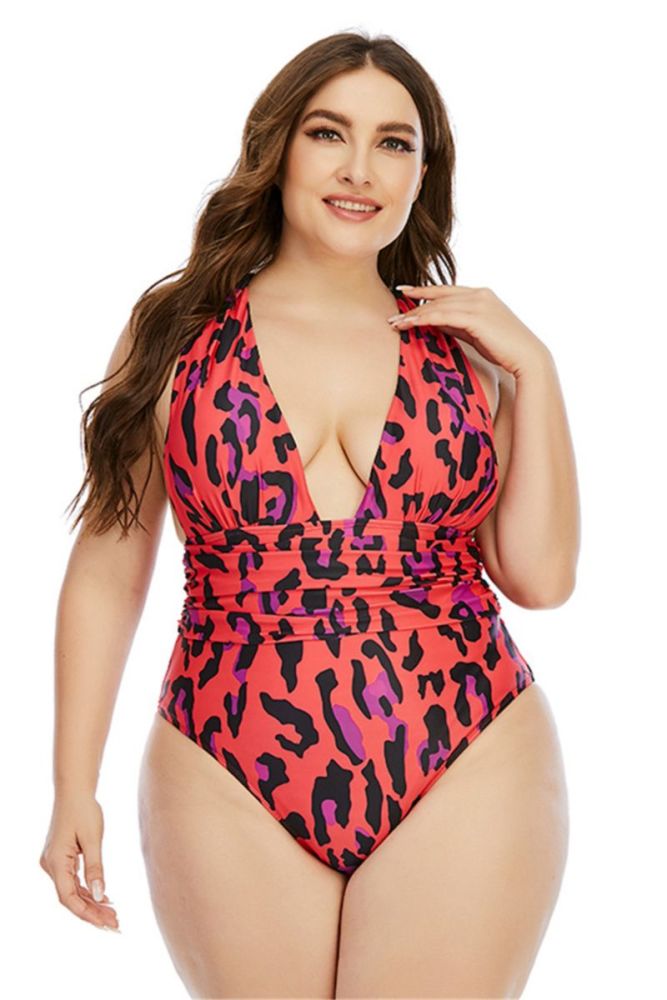 Oversize Red Leopard Print One-Piece Swimwear Size: 3XL