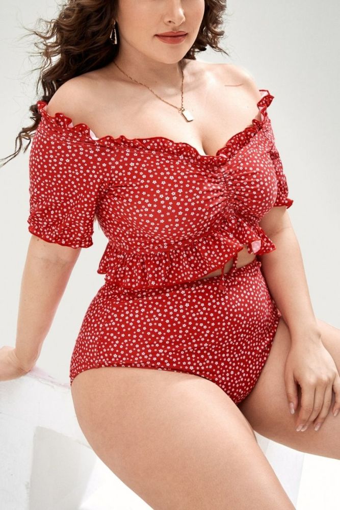 Floral Print Ruffle High Waist Two-Piece Swimsuit Size: 3XL
