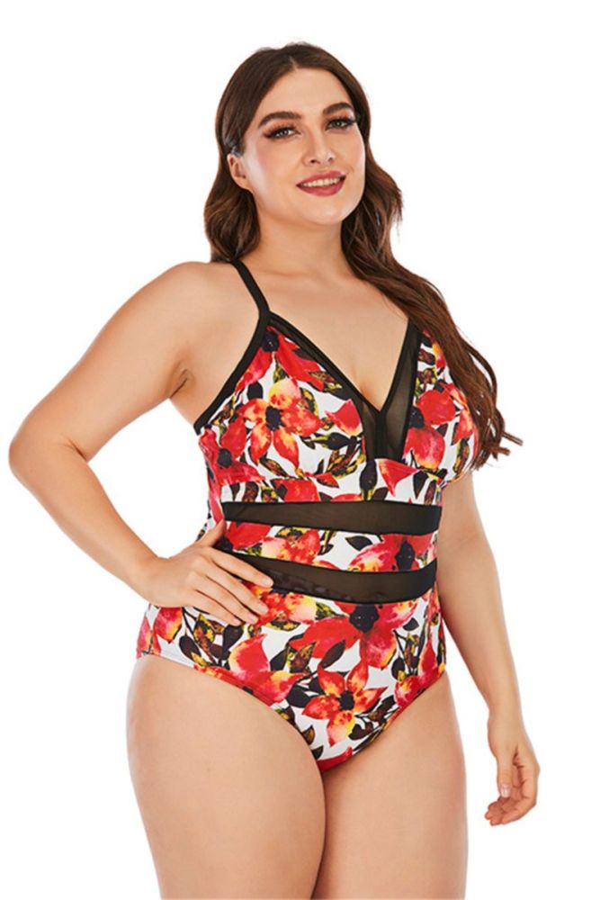 Flowers Printed Mesh Trim One-Piece Swimsuit Size: 4XL