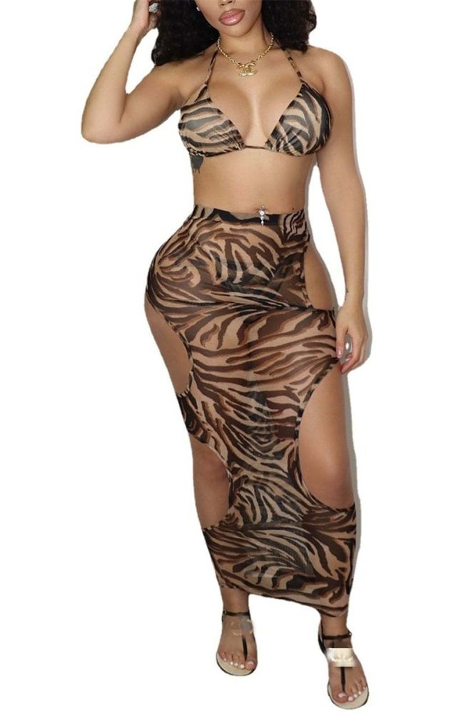 Multicolor Printing Stretch Mesh See-Through 3-Piece Set Size: M