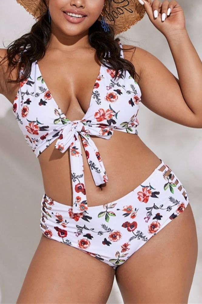  Printed High Waist Lace-Up Two-Piece Swimsuit Size: L