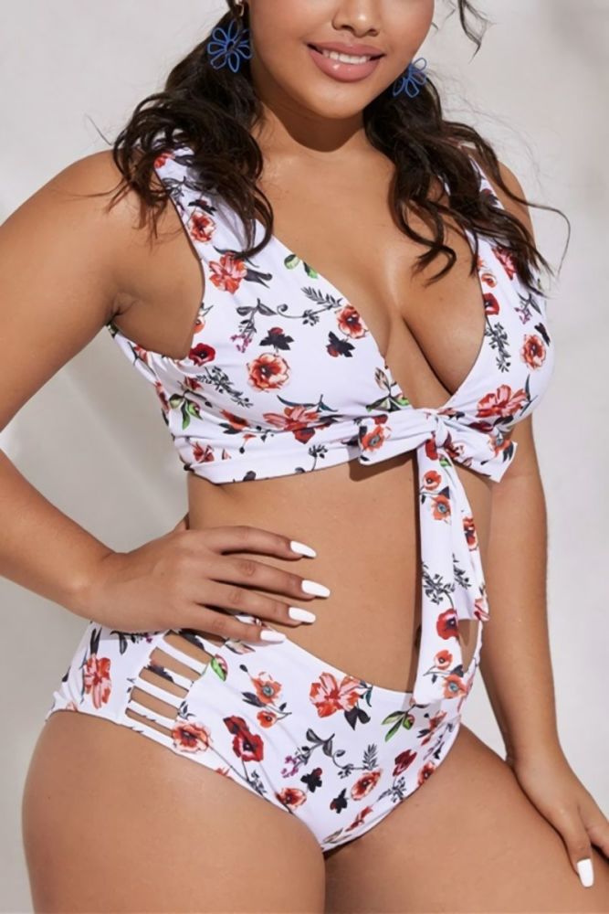  Printed High Waist Lace-Up Two-Piece Swimsuit Size: L