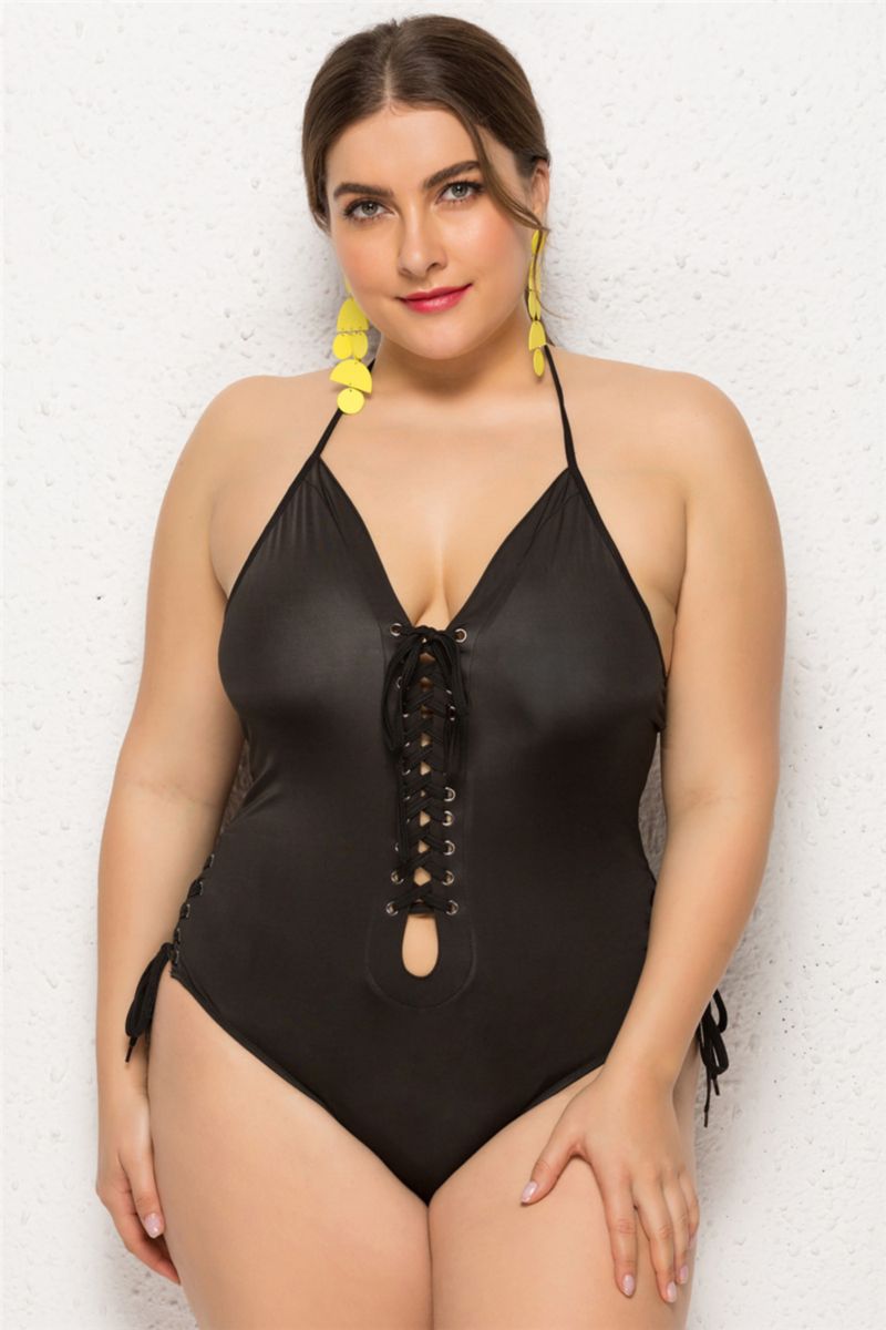 Black Lace-Up Stretch One-Piece Swimsuit Size: 1XL
