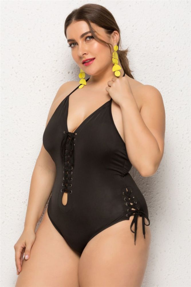 Size: 1XL Black Lace-Up Stretch One-Piece Swimsuit SKU: 022676