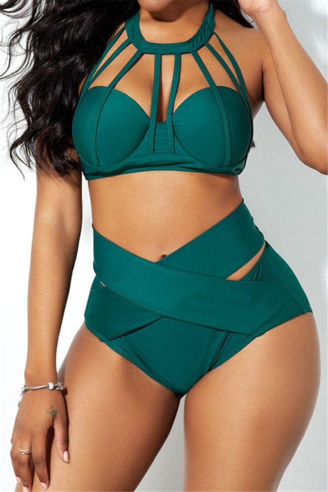 Green High Waist Two-Piece Swimwear Size: L