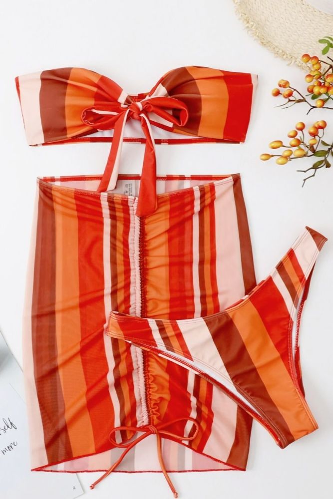 Multicolor Stripe Printed Drawstring Three-Piece Swimwear Size: S