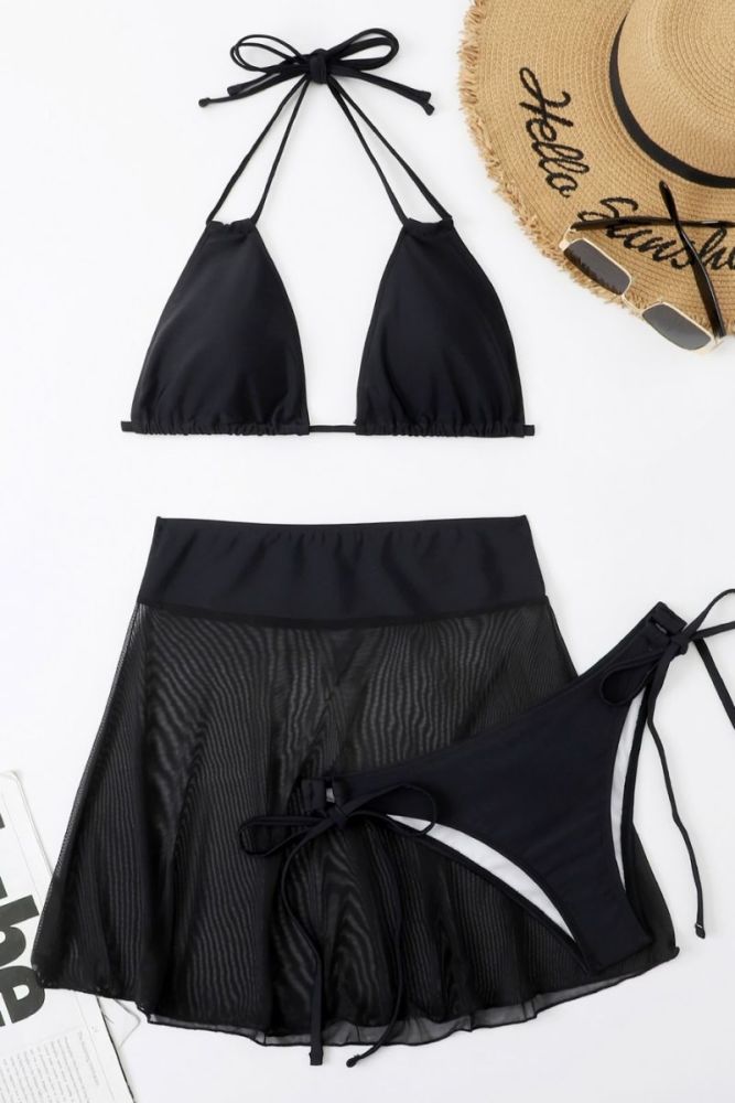 Size: L Black Halter-Neck Self-Tie 3-Piece Bikini Set SKU: 565748