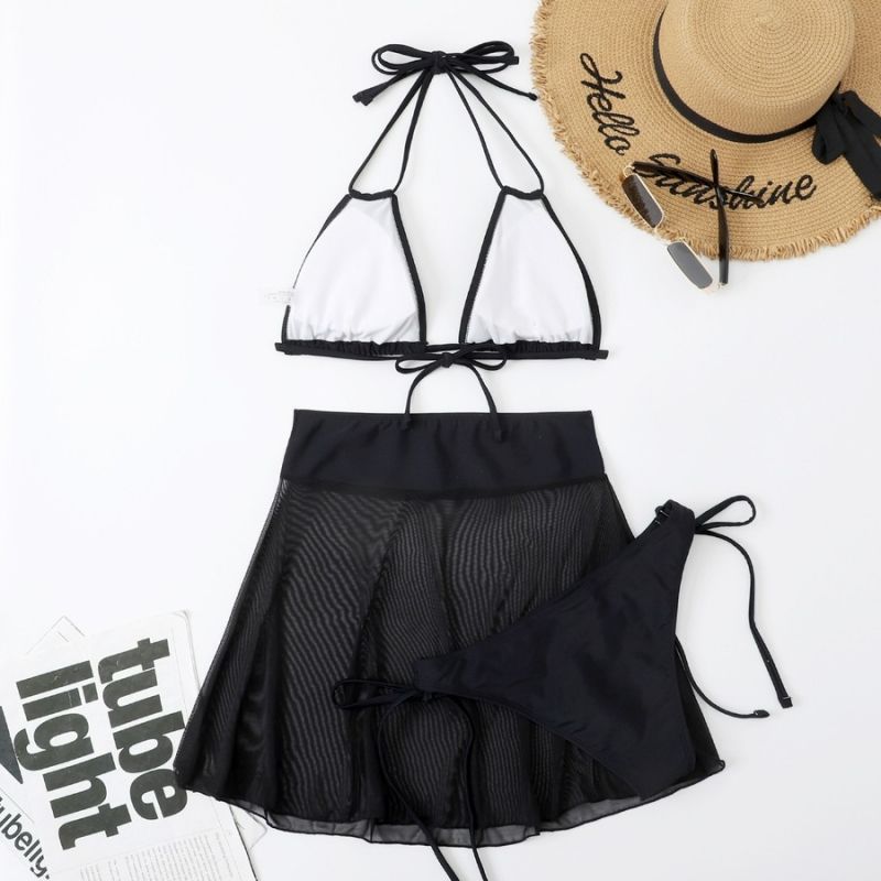 Size: L Black Halter-Neck Self-Tie 3-Piece Bikini Set SKU: 565748