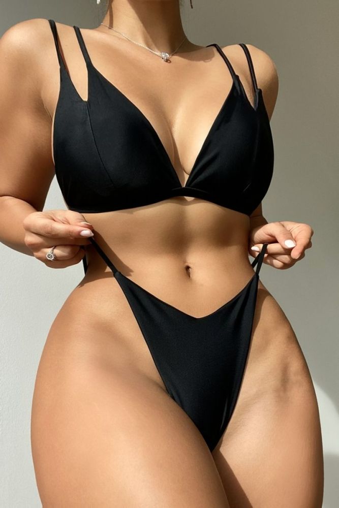 Size: M Black Multi-Strap Thong Two-Piece Bikini SKU: 890721