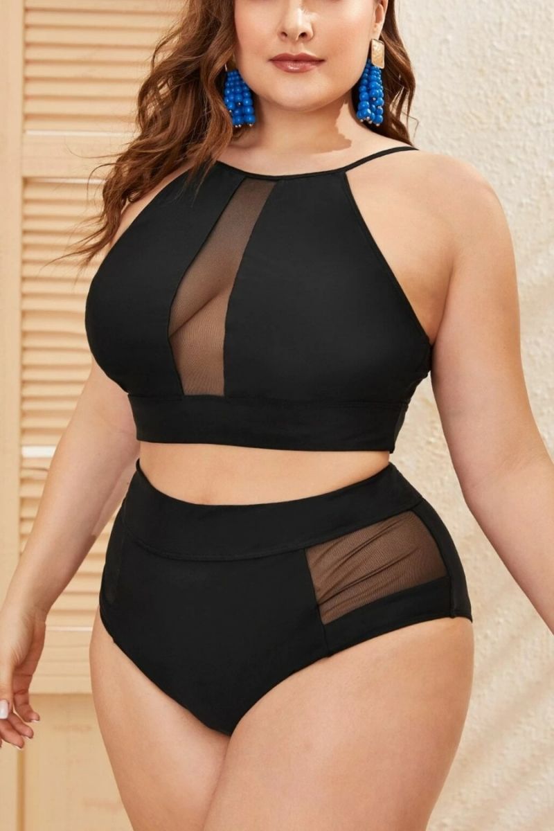 Black See Through Mesh Trim High Waist Two-Piece Swimsuit Size: 2XL