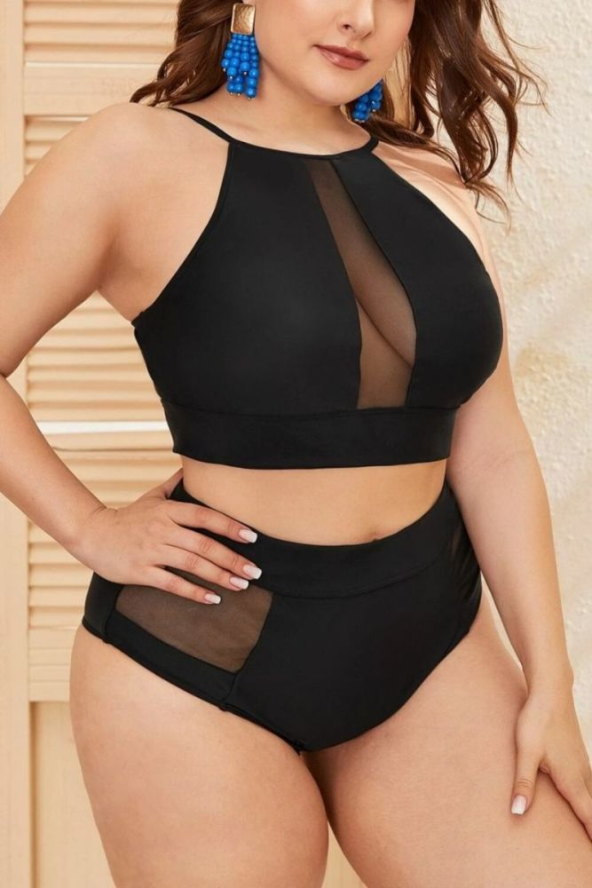 Black See Through Mesh Trim High Waist Two-Piece Swimsuit SKU: 565744