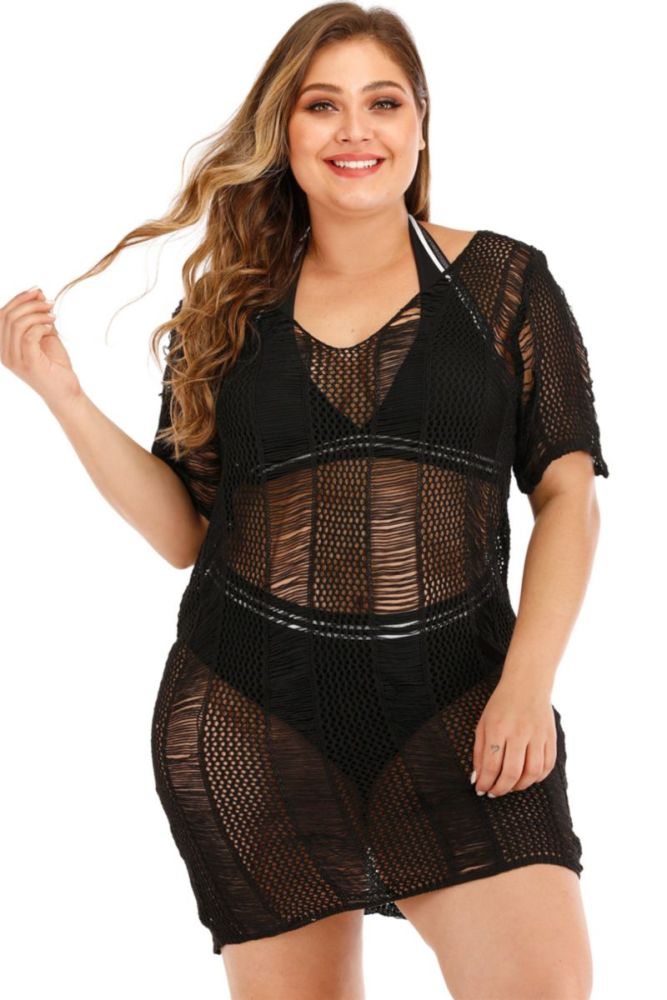 Black Lace-Up See Through Open Back Crochet Cover-Up Size: 4XL