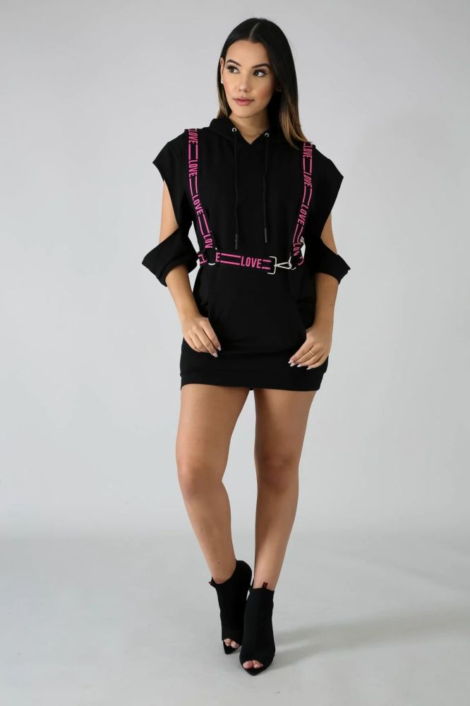 Black Love Strap Hoodie Dress #A7124 Size: S