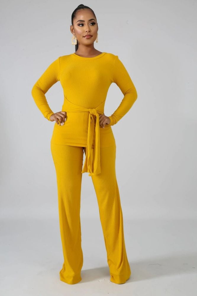 Mustard Knit Palazzo Tie Pant Set Size: S