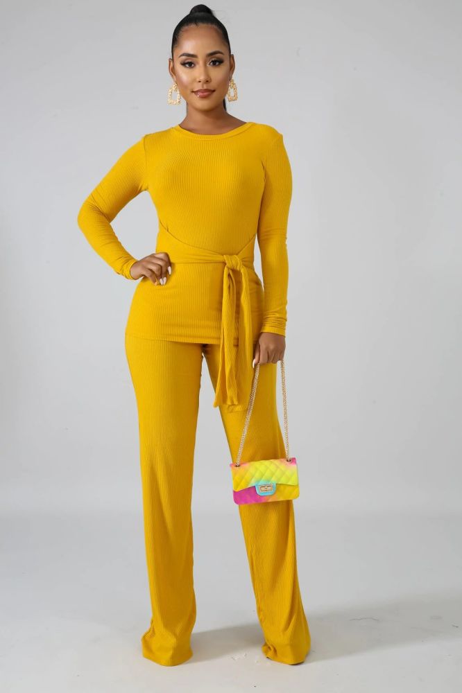 Mustard Knit Palazzo Tie Pant Set Size: S