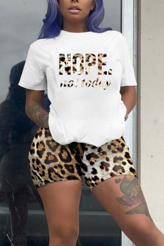 White Leopard Print Trim Stretch Short Sleeves Two-Piece Set Size: 1XL