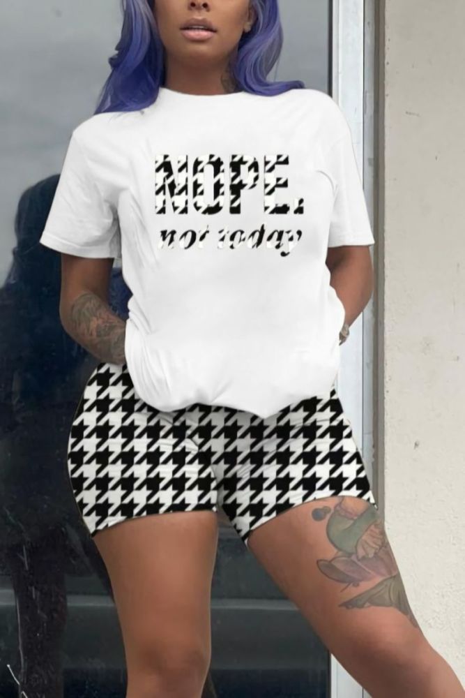 White Stretch Letter/Houndstooth Print Short Sleeves Two-Piece Set Size: 1XL