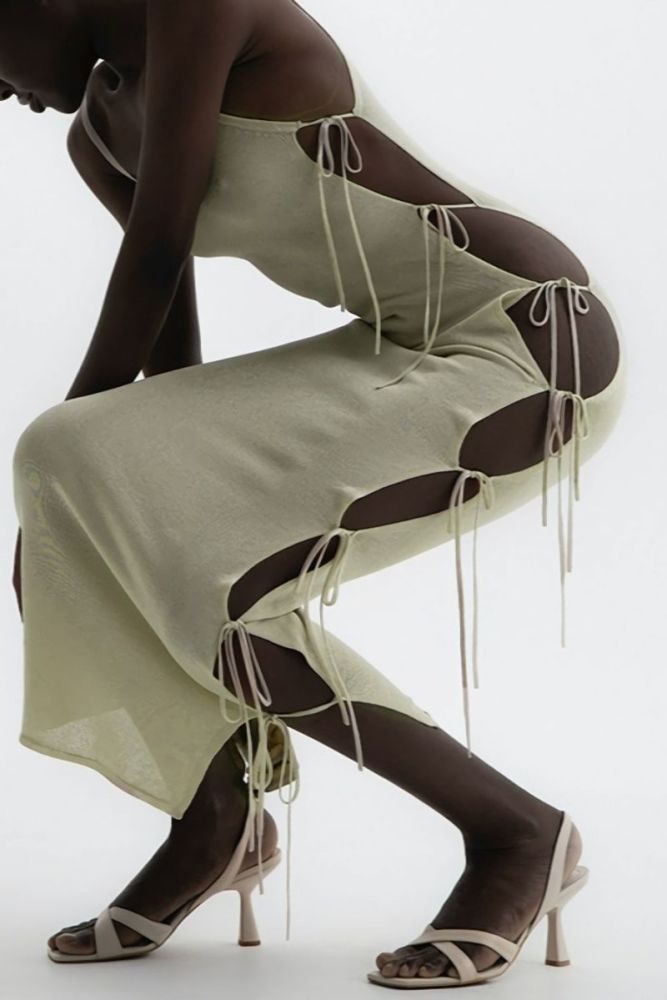 Sleeveless Side Slit Lace-Up Stretch See-Through Midi Dress #C9443 Size: L