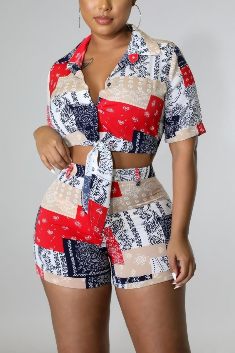 Printed Short Sleeve Two-Piece Set Size: L