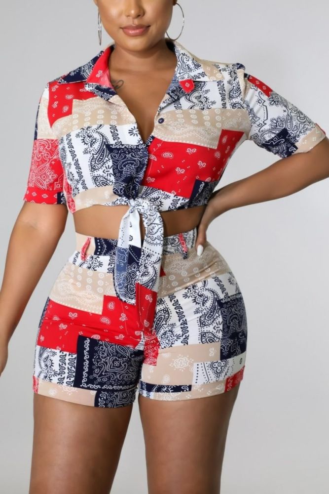 Printed Short Sleeve Two-Piece Set Size: M