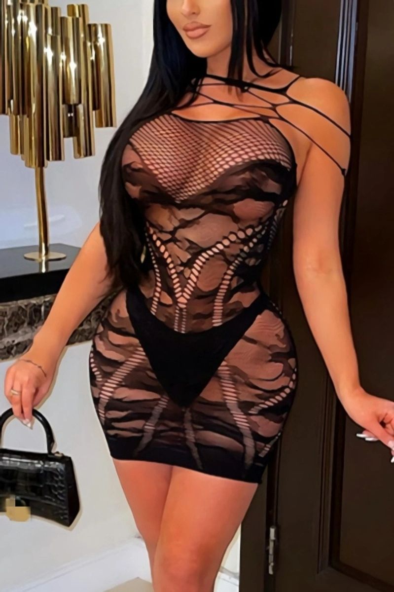 Black Stretch Slim Fit See-Through Mesh Mini Dress Size: OS