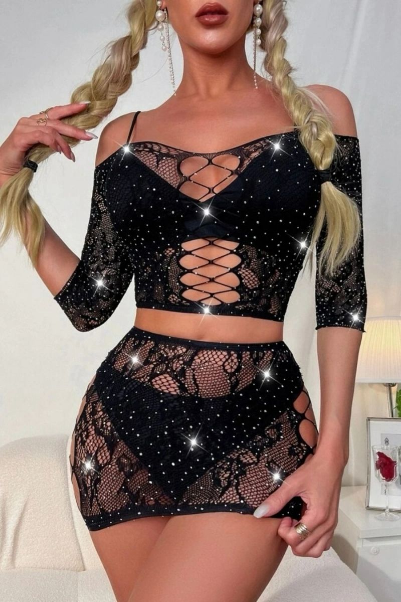 Black See Through Rhinestone Stretch Mesh Two Piece Set Size: OS