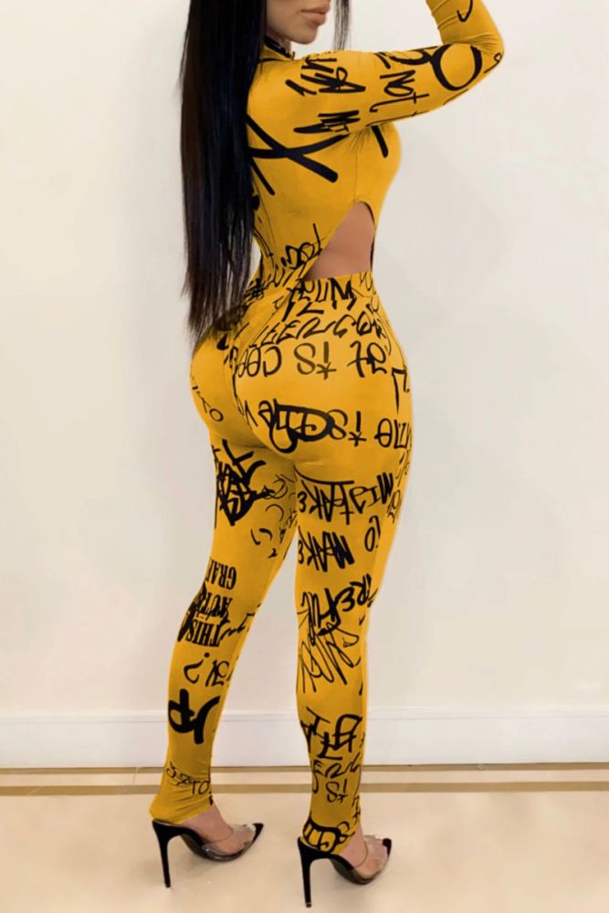 Yellow Letter Print Stretch Tight-Fitting Leggings Size: L