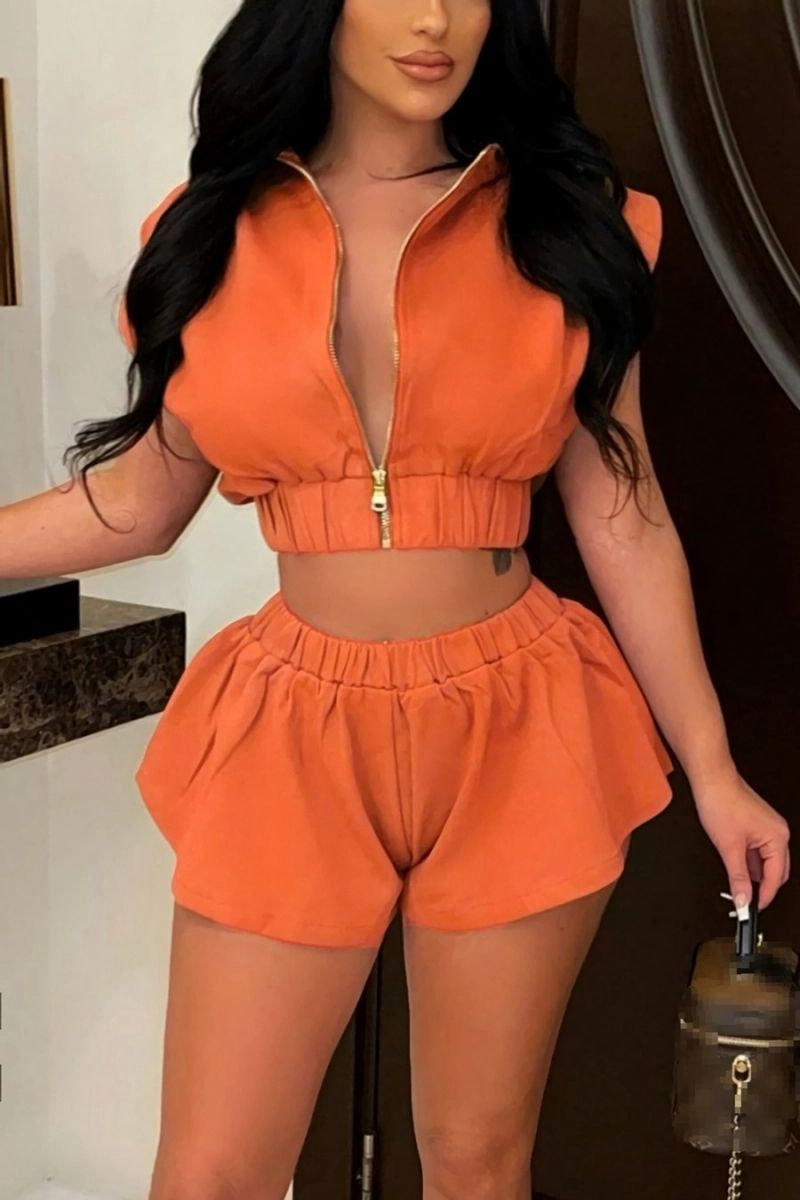 Orange Zip-Up Hooded Stretch Two-Piece Set Size: L